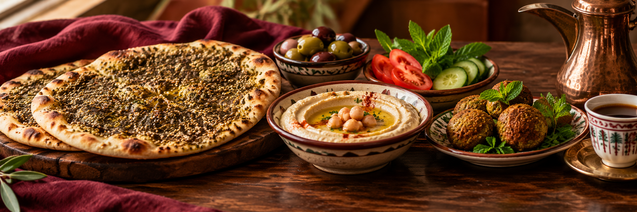 سفرة فطور فلسطينية مع مناقيش وحمص وفلافل وقهوة